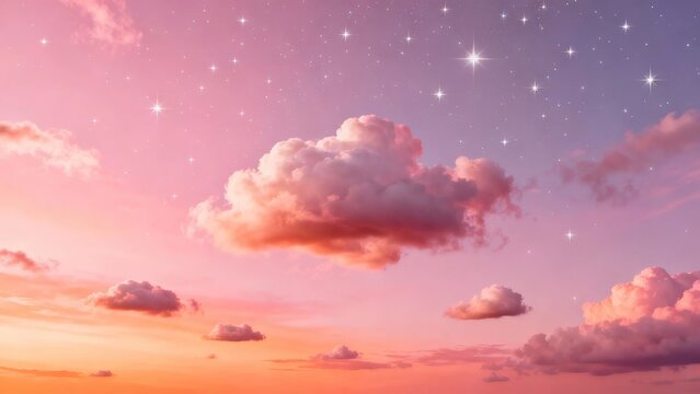 Pink and orange sky with fluffy clouds and stars at twilight
