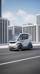Sleek autonomous electric minibus driving on a modern city street under blue sky

