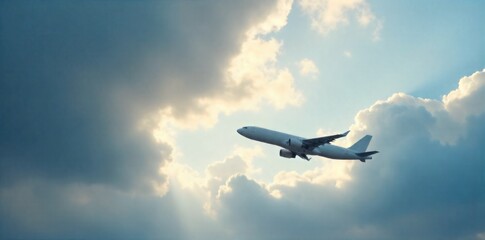 Fototapeta premium Expedited global delivery from above, a bird s eye view of logistics. A modern cargo airplane in mid flight against a dramatic, cloud filled sky. Focus on the aircraft and its immense scale, conveying