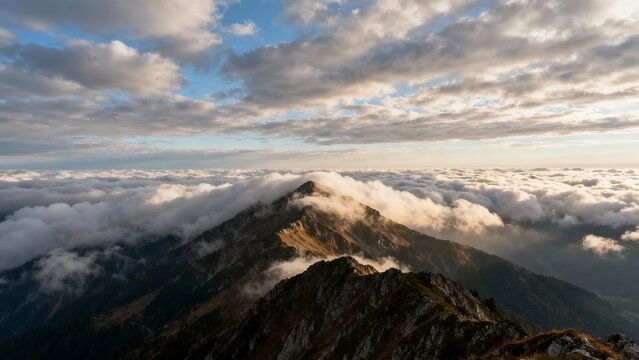 Mountain peak rising above a sea of clouds under a partly cloudy sky