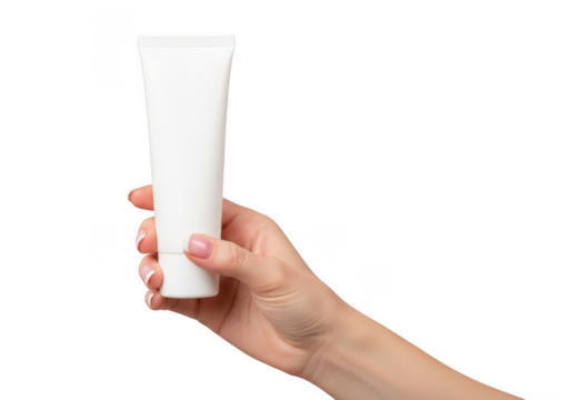 Hand holding a white cosmetic cream tube isolated on transparent background