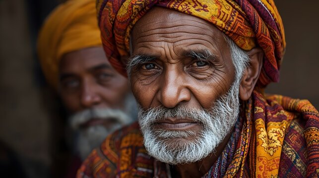 Expressive portrait of an elderly man in traditional attire, capturing deep emotion, cultural heritage, and rich artisanal fabric details, with another figure softly visible in the background for adde