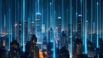Futuristic cityscape at night with glowing blue data streams connecting skyscrapers urban - Powered by Adobe
