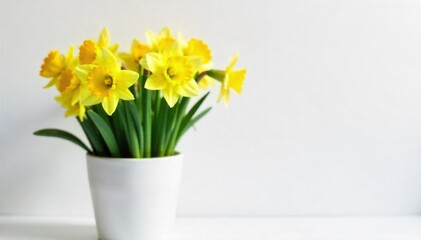 Daffodils in a White Ceramic Pot on a White Background, Clean and Modern Aesthetic A crisp, high key studio shot of a white ceramic flowerpot filled with vibrant yellow daffodils. The arrangement is