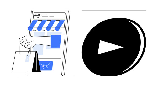 Smartphone storefront with awning and shopping bags in hand, large circular play button. Ideal for e-commerce, retail, video marketing, technology, virtual shopping, media, and content creation