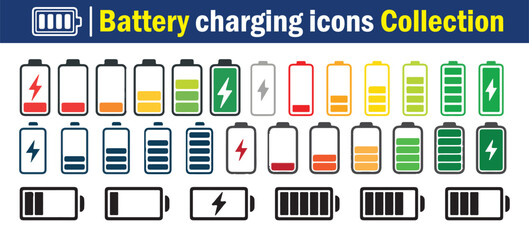 Battery icons set. Batery level, energy, full. Power low up status batteries logo. Vector illustration