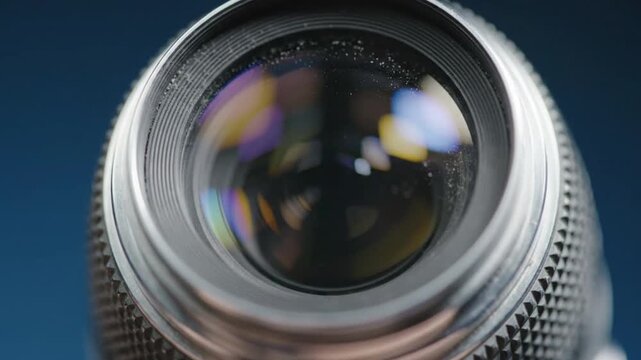 Close-up view of a camera lens showcasing intricate aperture blades and reflections, ideal for photography enthusiasts