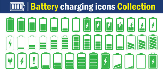 Battery symbol icon set, battery low , charging battery and high charge. Charging icon. Vector illustration 
