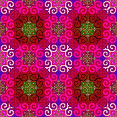 Neon Pink and Black Geometric Pixel Art Seamless Pattern - Traditional Hmong Snail Shell Embroidery Style