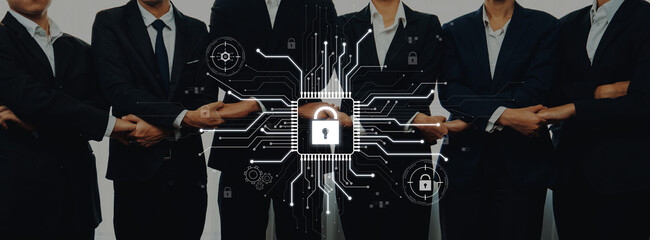 Group of business professionals in formal suits stands together, presenting a concept of digital security with lock symbols and circuit designs symbolizing modern technology. Trope