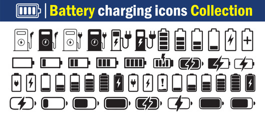 Battery icon. Battery and Power Icon Set. Minimalist icon pack showing full range of battery states. Vector illustration 