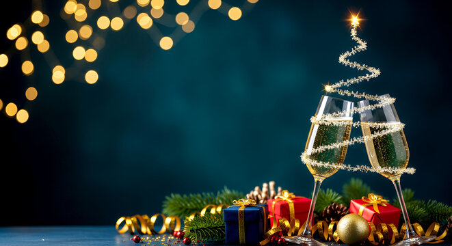 Christmas champagne glasses with sparkling wine and magical tree above, sparkling lights and gifts on blue background, copy space