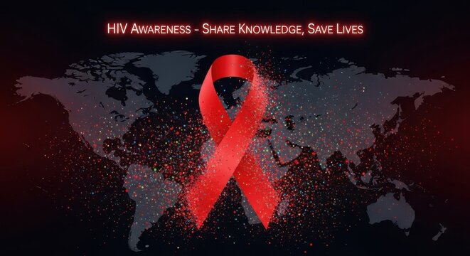 Hiv awareness red ribbon on world map background, share knowledge save lives
