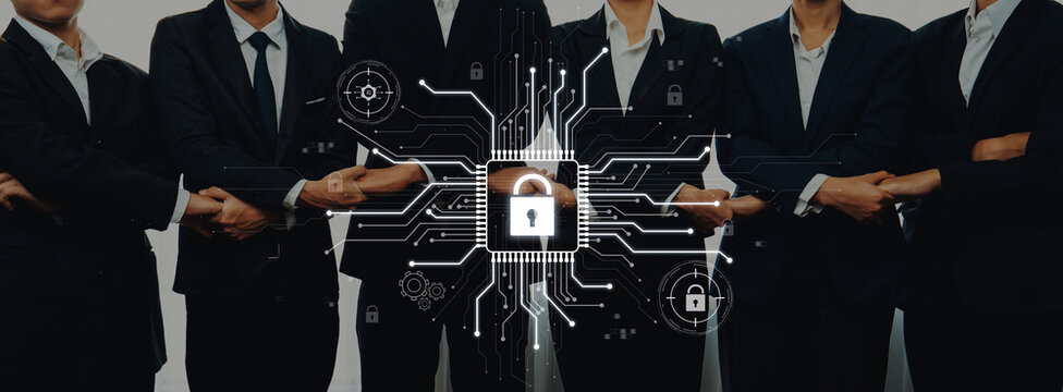 Group of business professionals in formal suits stands together, presenting a concept of digital security with lock symbols and circuit designs symbolizing modern technology. Trope