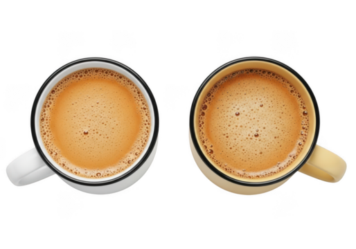 Two delicious cups of coffee with foam isolated on transparent background