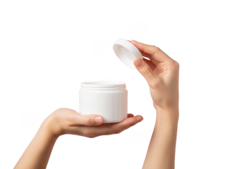 White jar with open lid held in hands isolated on transparent background