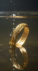 A close-up of a gold ornate ring partially submerged in water with bubbles and reflections creating a luxurious and elegant atmosphere