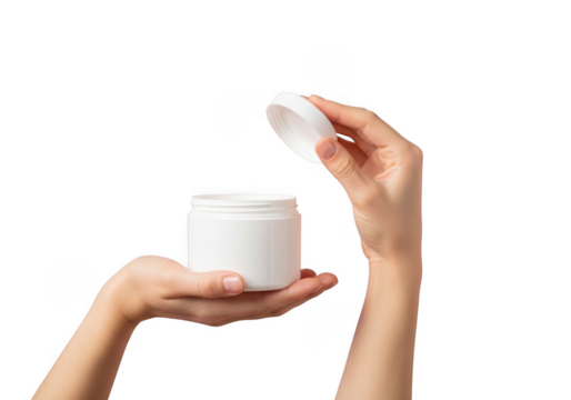 White jar with open lid held in hands isolated on transparent background