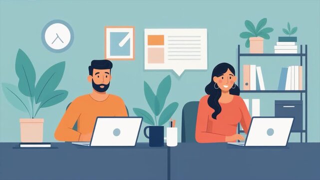 Two People Working on Laptops at Desks in an Office Setting with Plants, Bookshelf, and Clock on the Wall