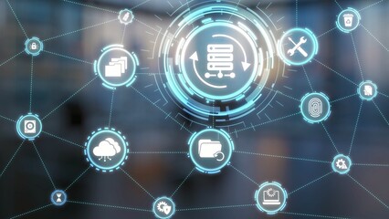 Data recovery icons show backup, data recovery process, and secure restoration. Data recovery...