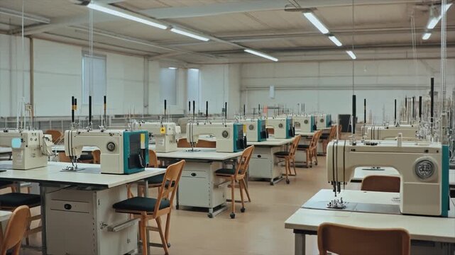 Rows of industrial sewing machines with chairs in a well-lit factory workshop textile