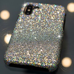 A close-up of a smartphone covered in sparkling glitter with a blurred background of lights, showcasing a luxurious and glamorous accessory design