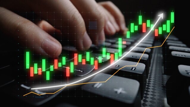 Hands typing on a keyboard are shown, overlaid with a colorful financial chart indicating a strong upward trend, representing investment and trading success. Copula - Powered by Adobe