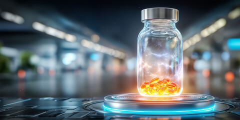 Glass bottle filled with glowing capsules sits on futuristic metallic pedestal, illuminated by neon blue and orange lights, creating sci fi atmosphere