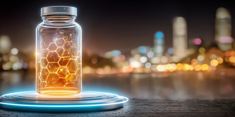 Glass jar with glowing honeycomb pattern stands on futuristic platform, illuminated by neon blue lights, against blurred cityscape background. scene is vibrant and modern