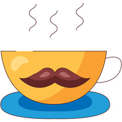 Yellow Coffee Cup With A Dark Brown Moustache And Steam Rising Set On A Blue Saucer With A Transparent Background