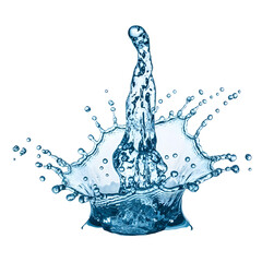 A dynamic blue water splash frozen in time, creating an abstract crown shape against a white background