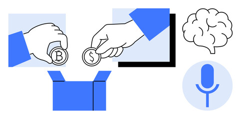 Hands placing currency into a box, accompanied by a brain and microphone icon. Ideal for finance, charity, technology, crowdfunding, innovation, communication, education simple flat metaphor