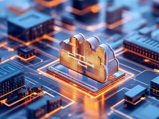 A metallic cloud icon with glowing orange dots sits on a circuit board with illuminated orange lines and blue components.