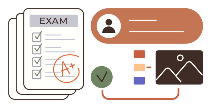 Student exam sheets with grades, user profile icon, gallery image preview, and data lists interconnected. Ideal for education, study tools, progress tracking, user profile creation, academic