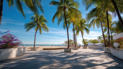 Palm-lined walkway leading to a sandy beach. Sunny day with light-blue sky
