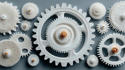 White gears and cogs arranged on a gray surface mechanical equipment.