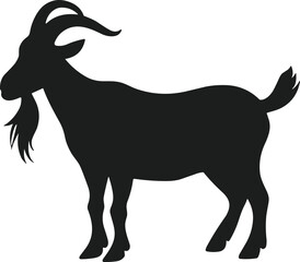 Black silhouette of a goat with horns and beard on white background