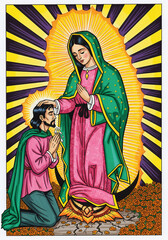 Fototapeta premium Religious Pop Art: Our Lady of Guadalupe and a Kneeling Devotee