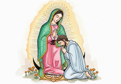 Watercolor Illustration of the Virgin of Guadalupe and a Devotee