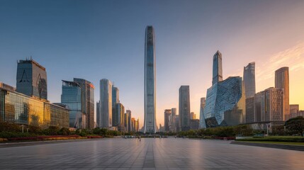 Obraz premium Panoramic cityscape at dawn, featuring a vast plaza, numerous high-rise buildings, and a prominent skyscraper