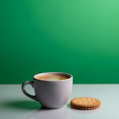 A white ceramic mug filled with hot coffee placed next to a round biscuit on a light surface against a vibrant green background