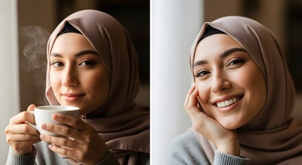 A young woman wearing a hijab enjoying a warm beverage and smiling in a cozy indoor setting