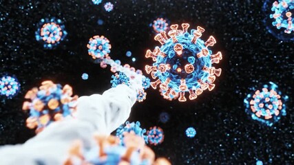 3D rendered illustration of multiple, floating, stylized virus particles on a dark background - Powered by Adobe