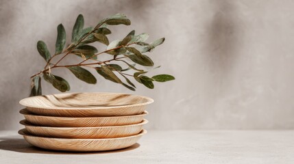 Stacked wooden plates and green branch against mottled, light brown wall with shadow