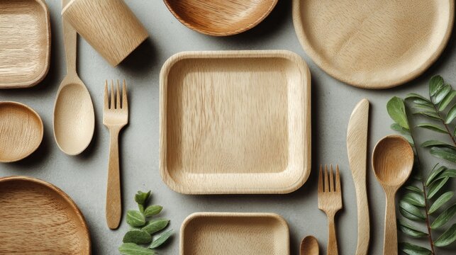Elegant arrangement of eco-friendly, light-wood tableware items, including plates, bowls, and utensils on a gray surface - Powered by Adobe
