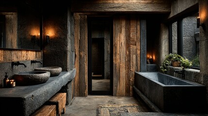 Rustic bathroom interior with stone sink wooden accents and bathtub.
