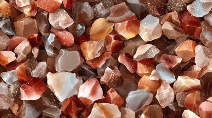 Close-up view of a textured bed of irregular, colorful, translucent mineral fragments