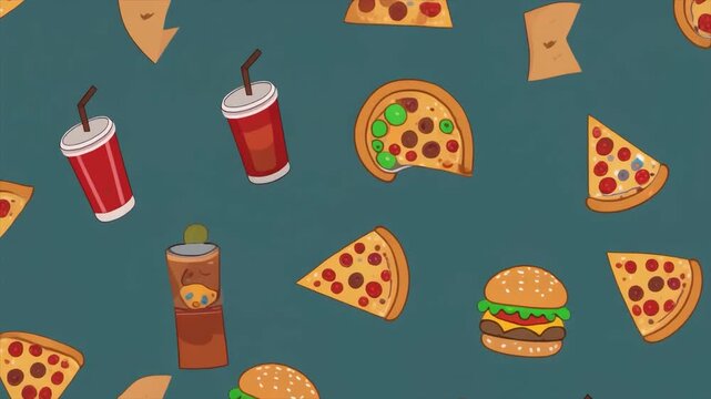 Cartoon Fast Food and Drink Pattern on Teal Background pizza burger