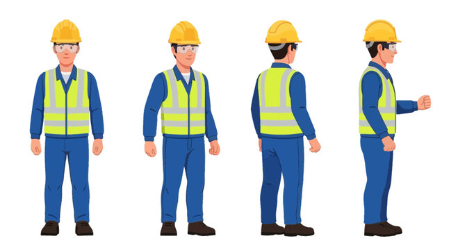 Four views of a construction worker in blue overalls, yellow safety vest, and hard hat, shown from front, angled, back, and side perspectives.
