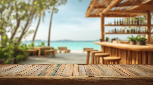 Blurred view of a beachside bamboo bar.  Wooden table top in focus,  tropical setting